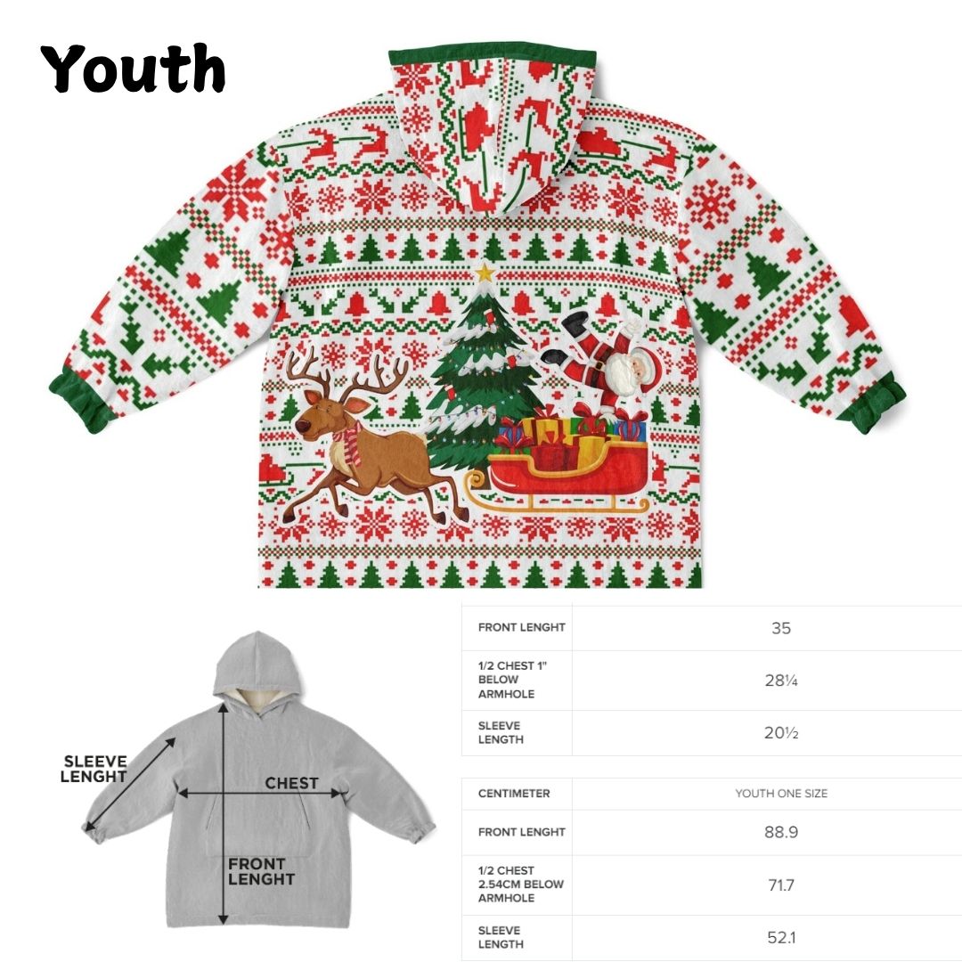 Youth Festive Christmas Santa Sleigh Family Fun Oversize Hooded Blanket