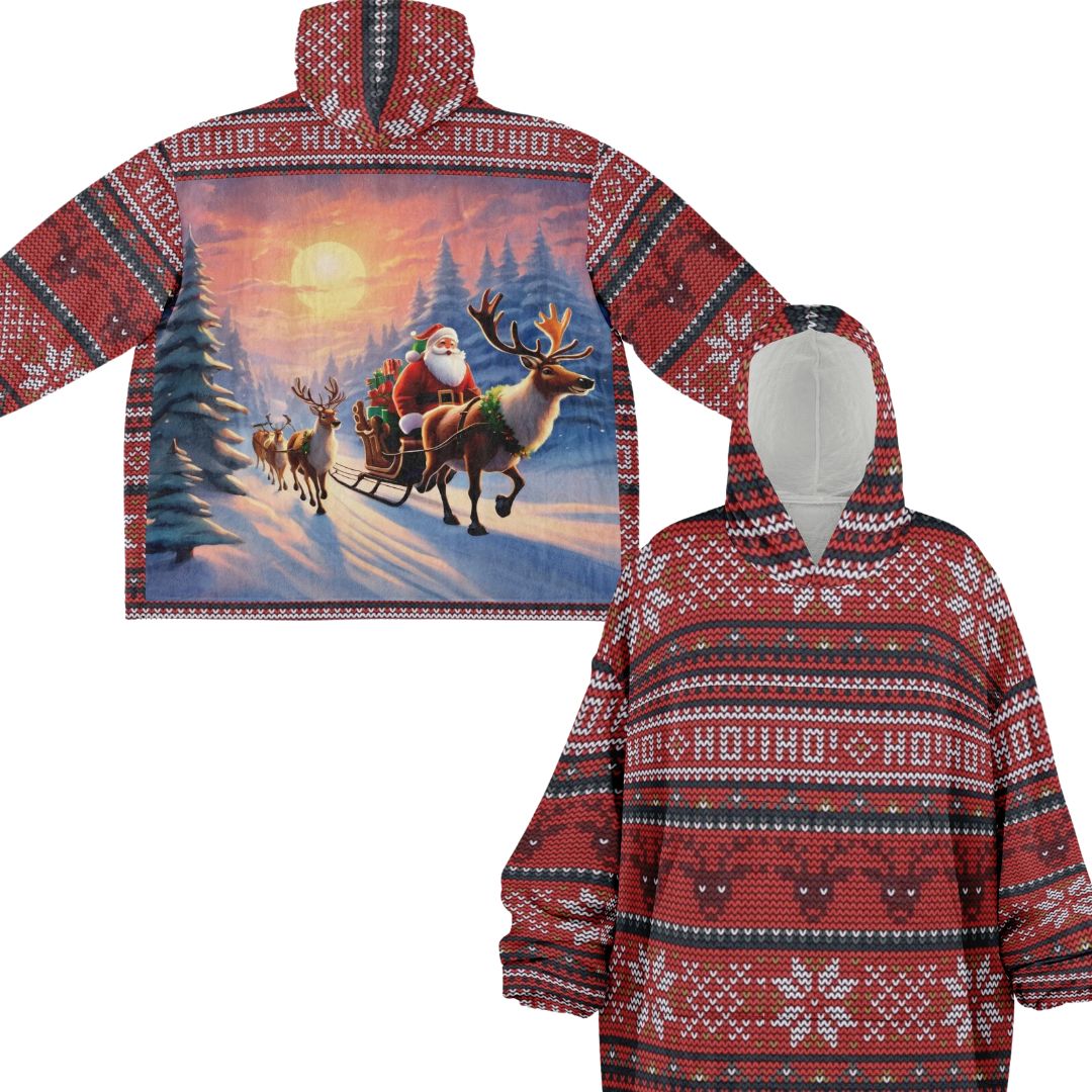 Red Christmas Santa Reindeer Oversize Hooded Blanket Fun SnuggleFit