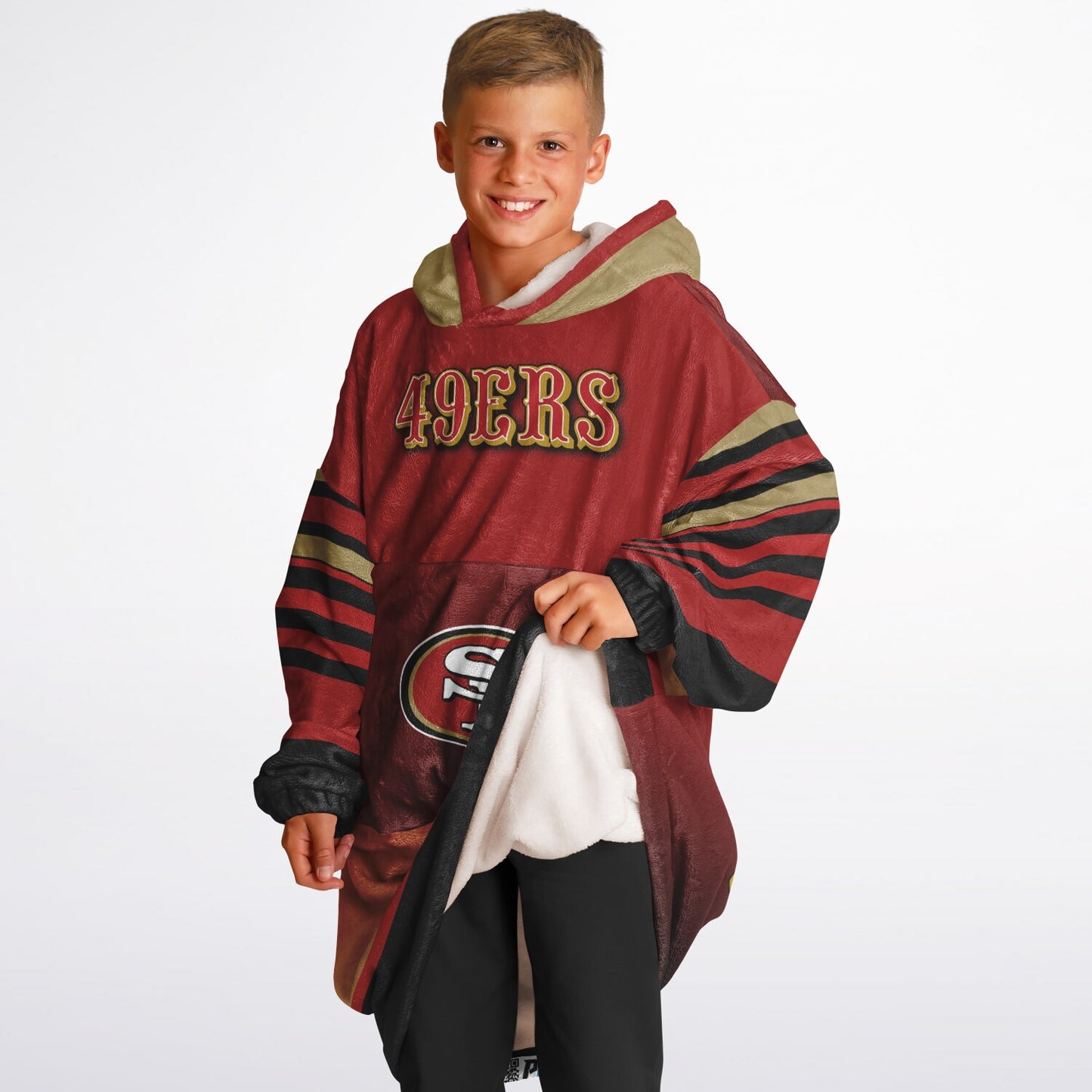 Youth 49ers Red & Black Oversize Cuddle Hoodie Young Fan Gift From Mom Dad