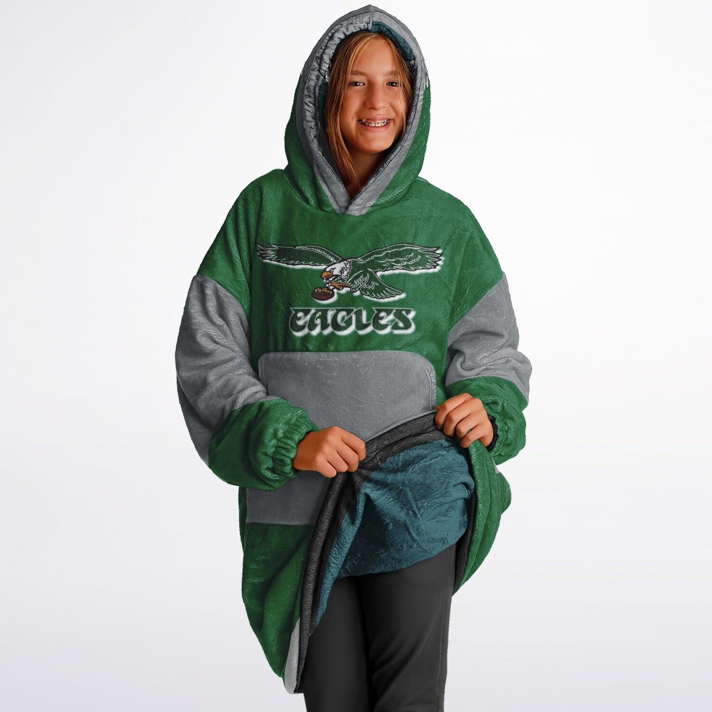 Youth  Eagles Reversible Cozy Cuddle Hoodie Eagles, 2 in 1, Green & Retro Kelly Green Hooded Blanket for Young Fans copy