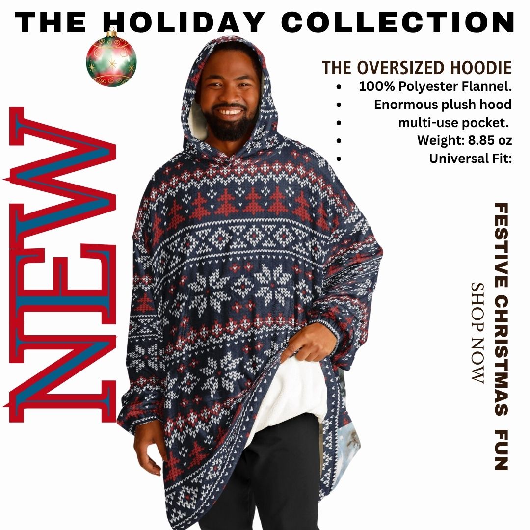 Holiday Christmas White Horse Blue Oversize Hooded Blanket Fun SnuggleFit