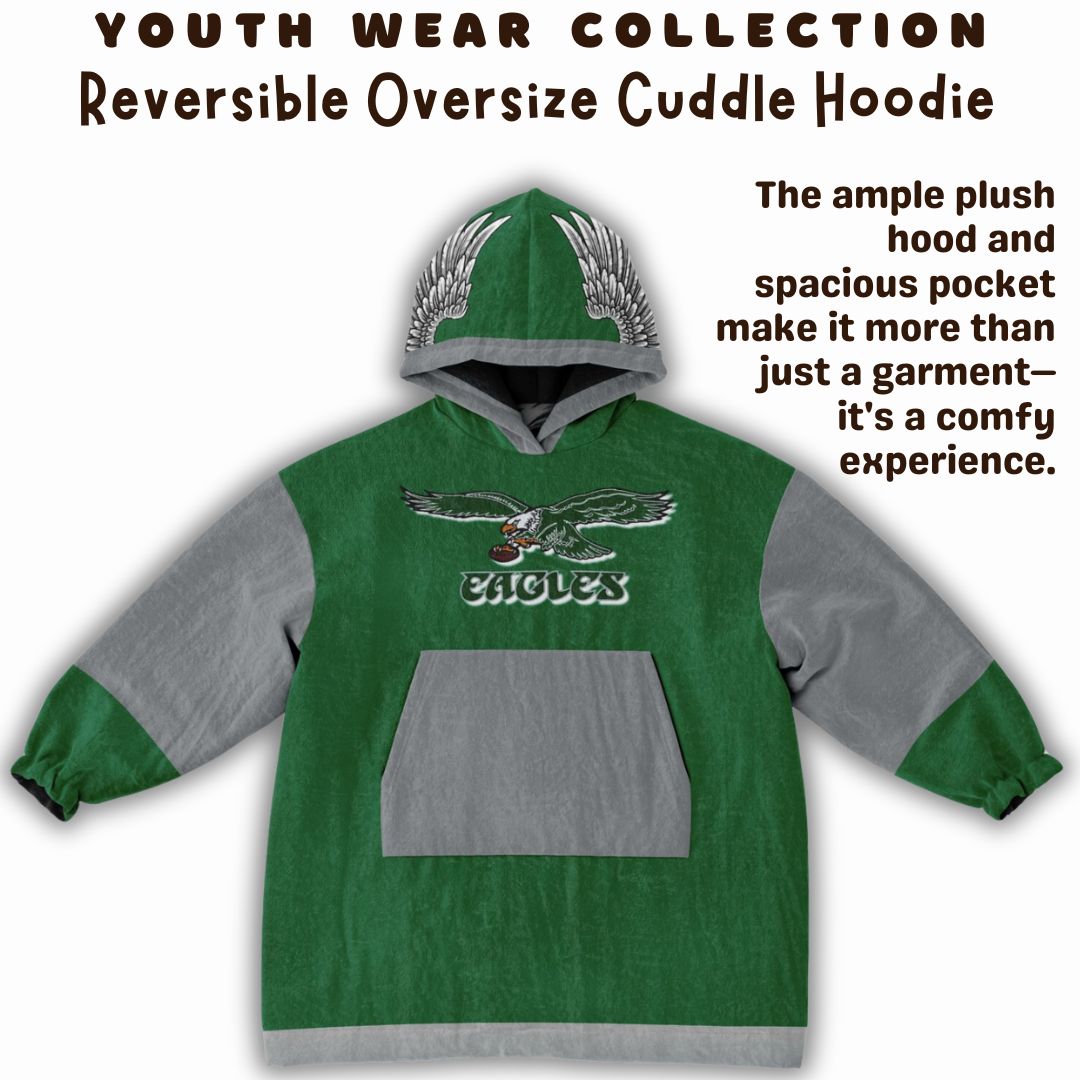 Youth  Eagles Reversible Cozy Cuddle Hoodie Eagles, 2 in 1, Green & Retro Kelly Green Hooded Blanket for Young Fans copy