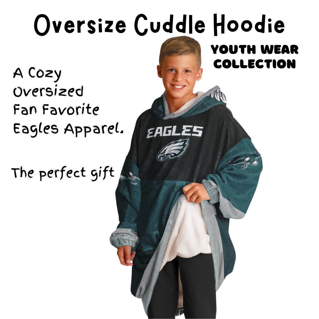 Youth Eagles  Black & Green Sleeves Design Cuddle Hoodie Great Gift for Young Birds Fans