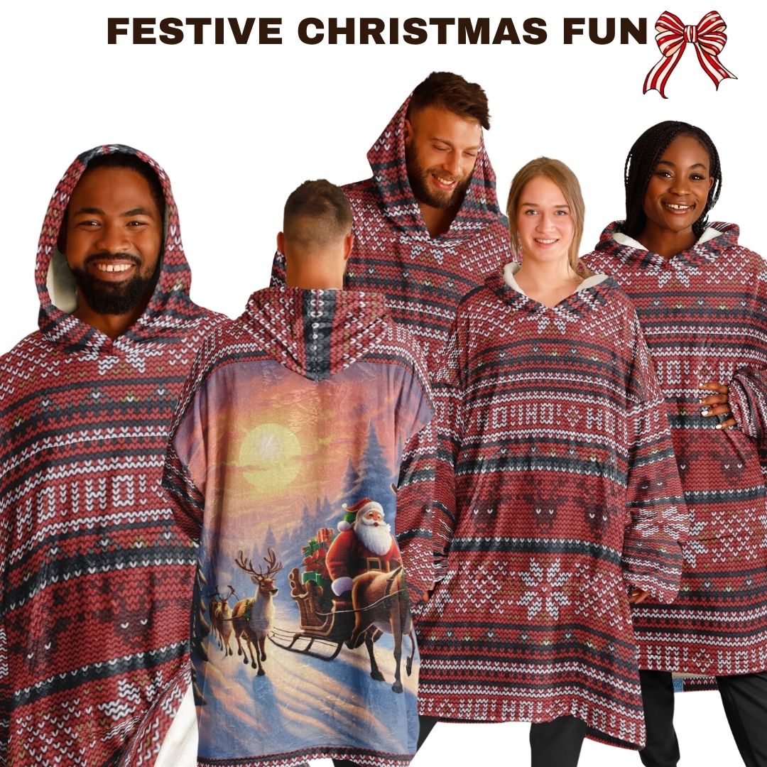 Red Christmas Santa Reindeer Oversize Hooded Blanket Fun SnuggleFit