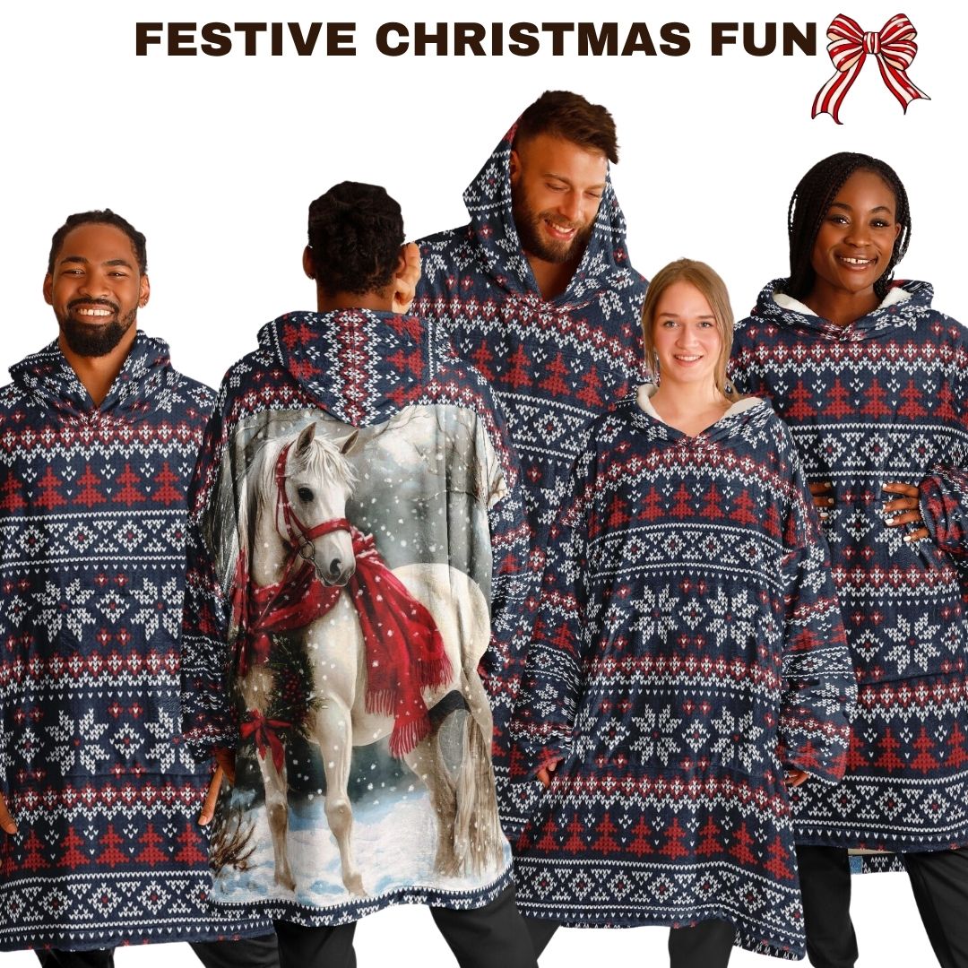 Holiday Christmas White Horse Blue Oversize Hooded Blanket Fun SnuggleFit
