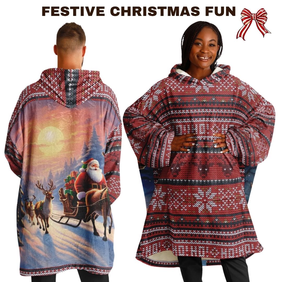 Red Christmas Santa Reindeer Oversize Hooded Blanket Fun SnuggleFit