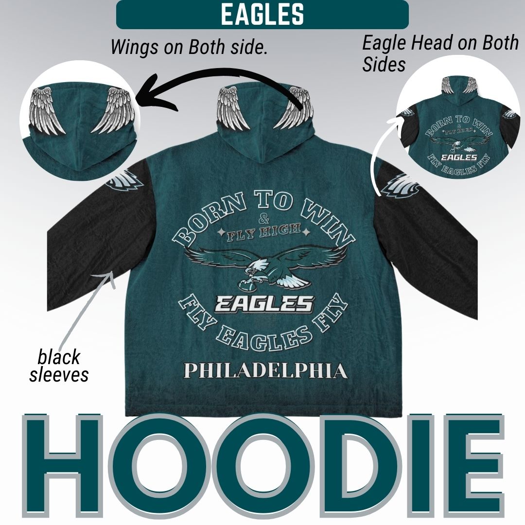 Eagles Home Green & Black Sleeves  "Born To Win" "Fly Eagles Fly"  Cuddle Hoodie