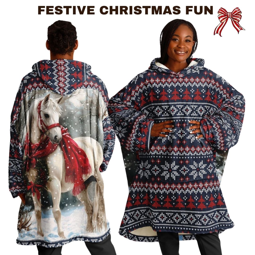 Holiday Christmas White Horse Blue Oversize Hooded Blanket Fun SnuggleFit