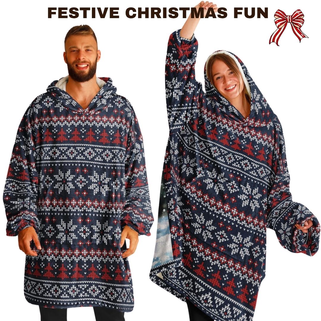 Holiday Christmas White Horse Blue Oversize Hooded Blanket Fun SnuggleFit