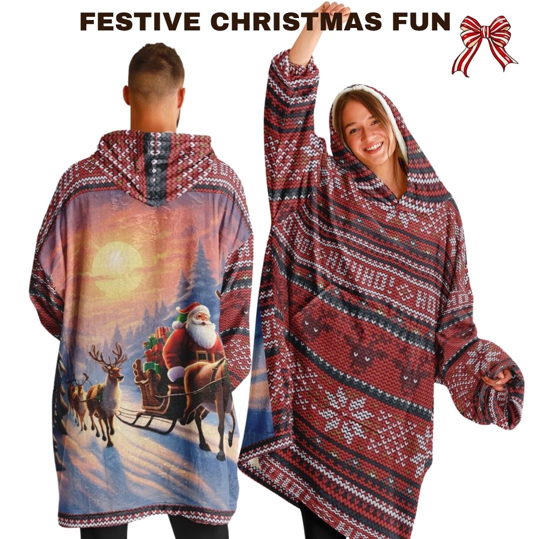 Red Christmas Santa Reindeer Oversize Hooded Blanket Fun SnuggleFit