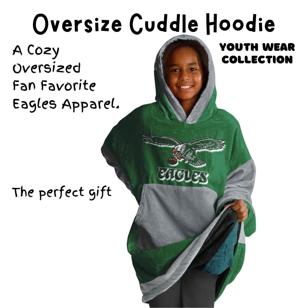 Youth  Eagles Reversible Cozy Cuddle Hoodie Eagles, 2 in 1, Green & Retro Kelly Green Hooded Blanket for Young Fans copy