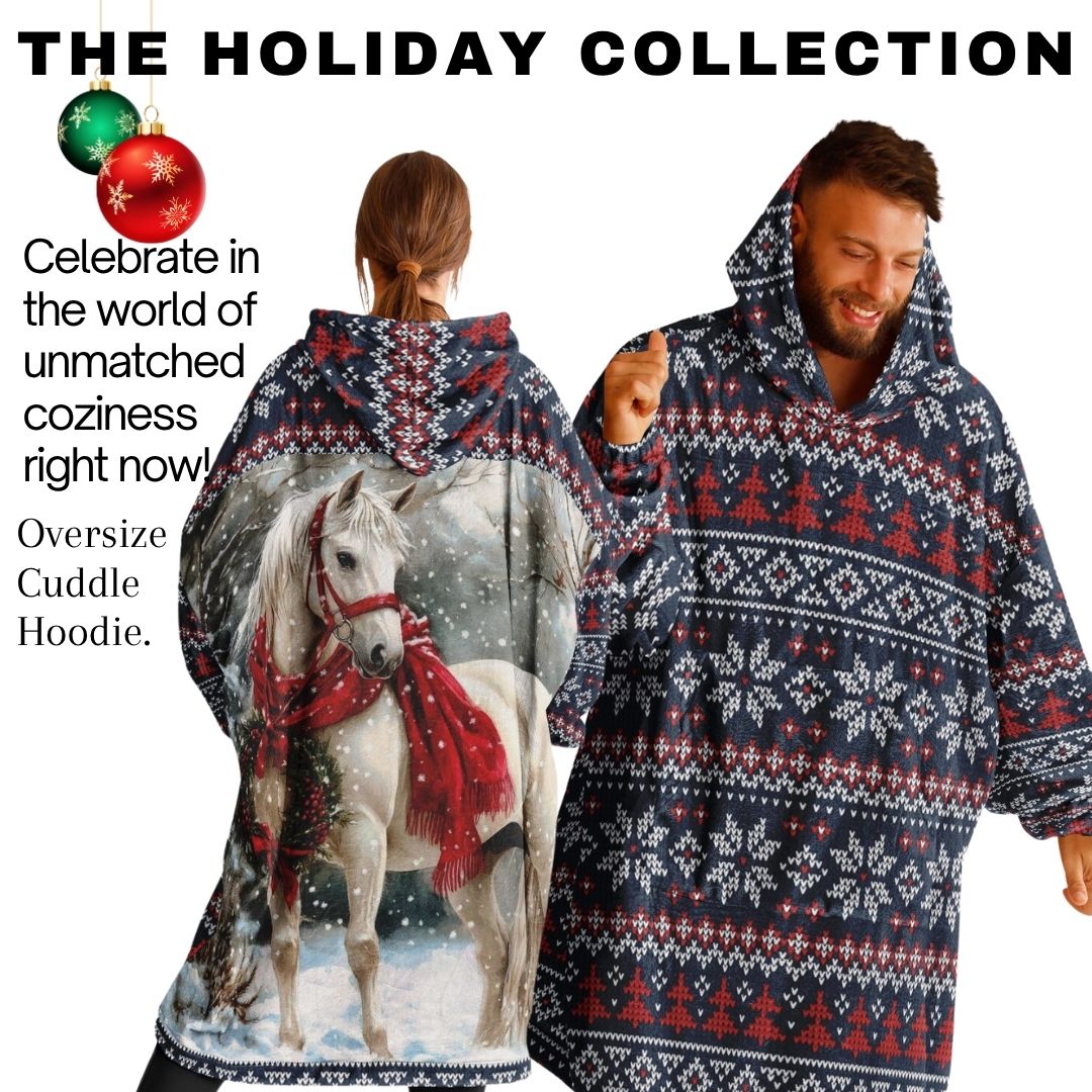 Holiday Christmas White Horse Blue Oversize Hooded Blanket Fun SnuggleFit