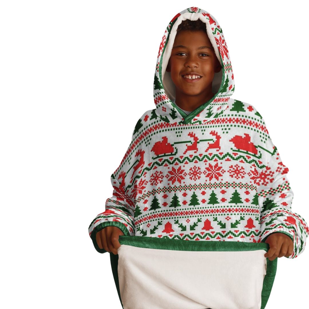Youth Festive Christmas Santa Sleigh Family Fun Oversize Hooded Blanket