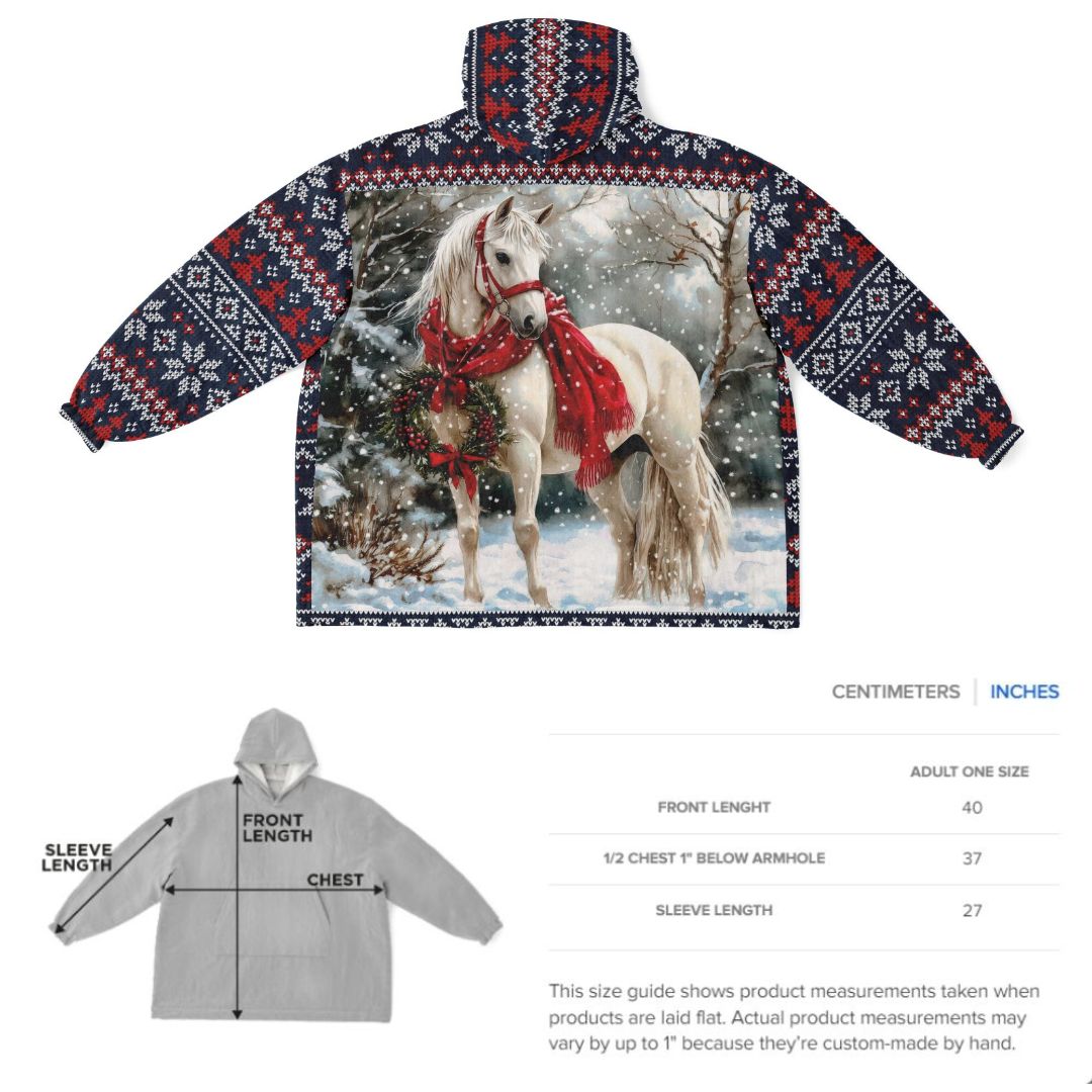 Holiday Christmas White Horse Blue Oversize Hooded Blanket Fun SnuggleFit