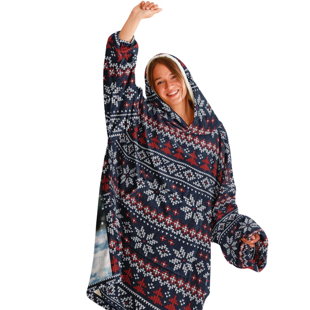 Holiday Christmas White Horse Blue Oversize Hooded Blanket Fun SnuggleFit