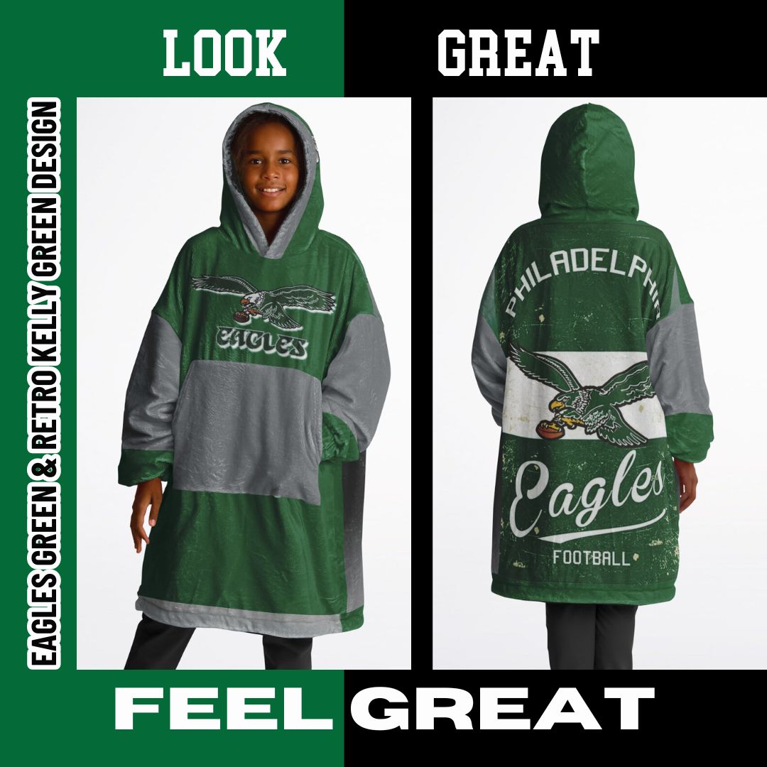 Youth  Eagles Reversible Cozy Cuddle Hoodie Eagles, 2 in 1, Green & Retro Kelly Green Hooded Blanket for Young Fans copy