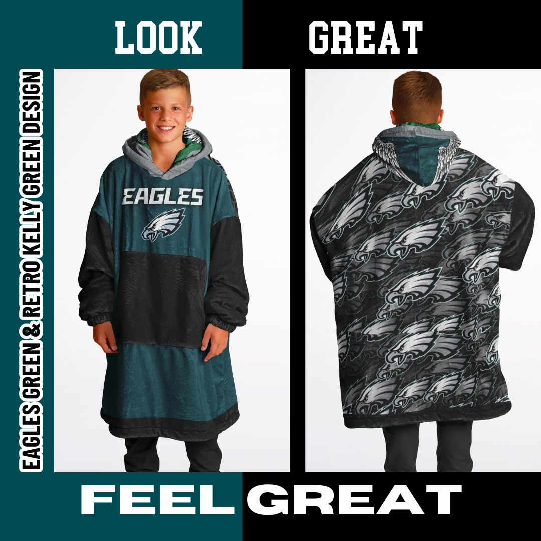 Youth  Eagles Reversible Cozy Cuddle Hoodie Eagles, 2 in 1, Green & Retro Kelly Green Hooded Blanket for Young Fans copy