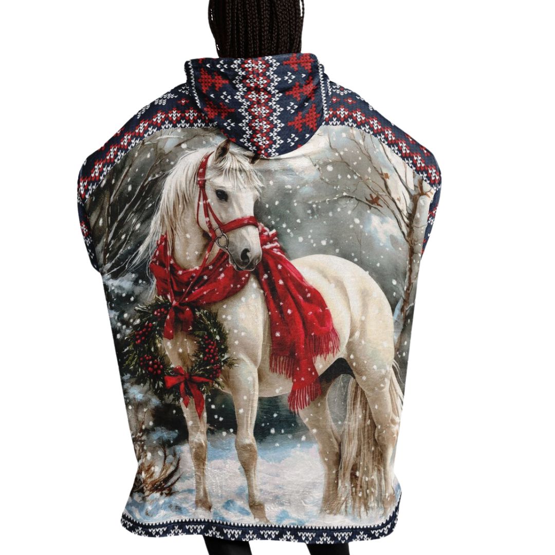 Holiday Christmas White Horse Blue Oversize Hooded Blanket Fun SnuggleFit