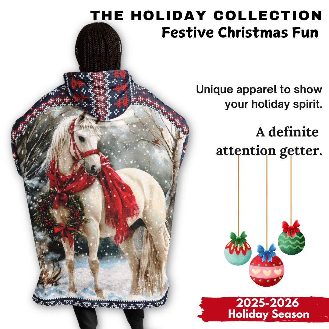 Holiday Christmas White Horse Blue Oversize Hooded Blanket Fun SnuggleFit