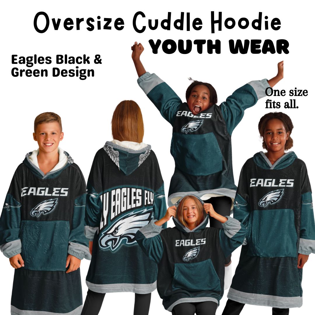 Youth Eagles  Black & Green Sleeves Design Cuddle Hoodie Great Gift for Young Birds Fans