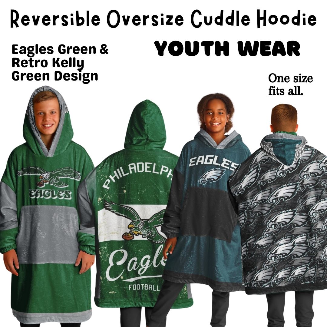 Youth  Eagles Reversible Cozy Cuddle Hoodie Eagles, 2 in 1, Green & Retro Kelly Green Hooded Blanket for Young Fans copy