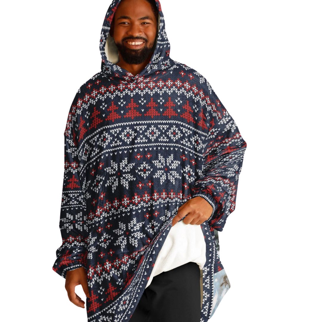 Holiday Christmas White Horse Blue Oversize Hooded Blanket Fun SnuggleFit