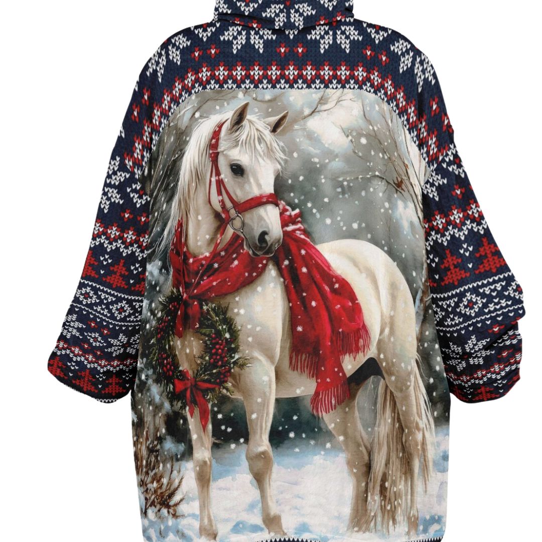 Holiday Christmas White Horse Blue Oversize Hooded Blanket Fun SnuggleFit