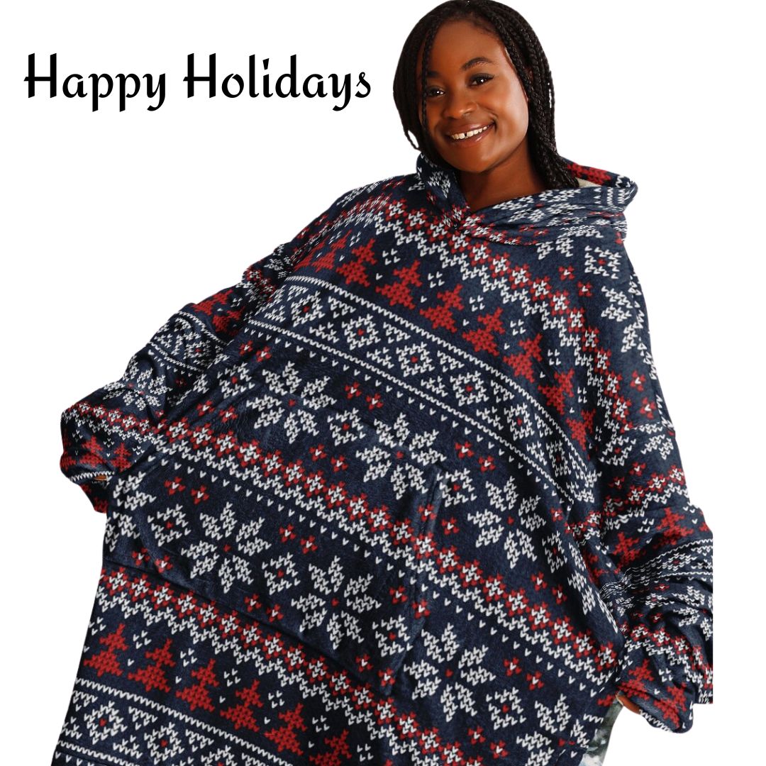 Holiday Christmas White Horse Blue Oversize Hooded Blanket Fun SnuggleFit