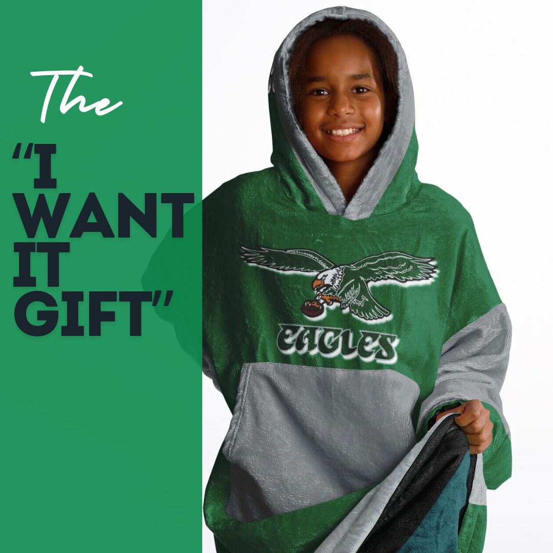 Youth  Eagles Reversible Cozy Cuddle Hoodie Eagles, 2 in 1, Green & Retro Kelly Green Hooded Blanket for Young Fans copy