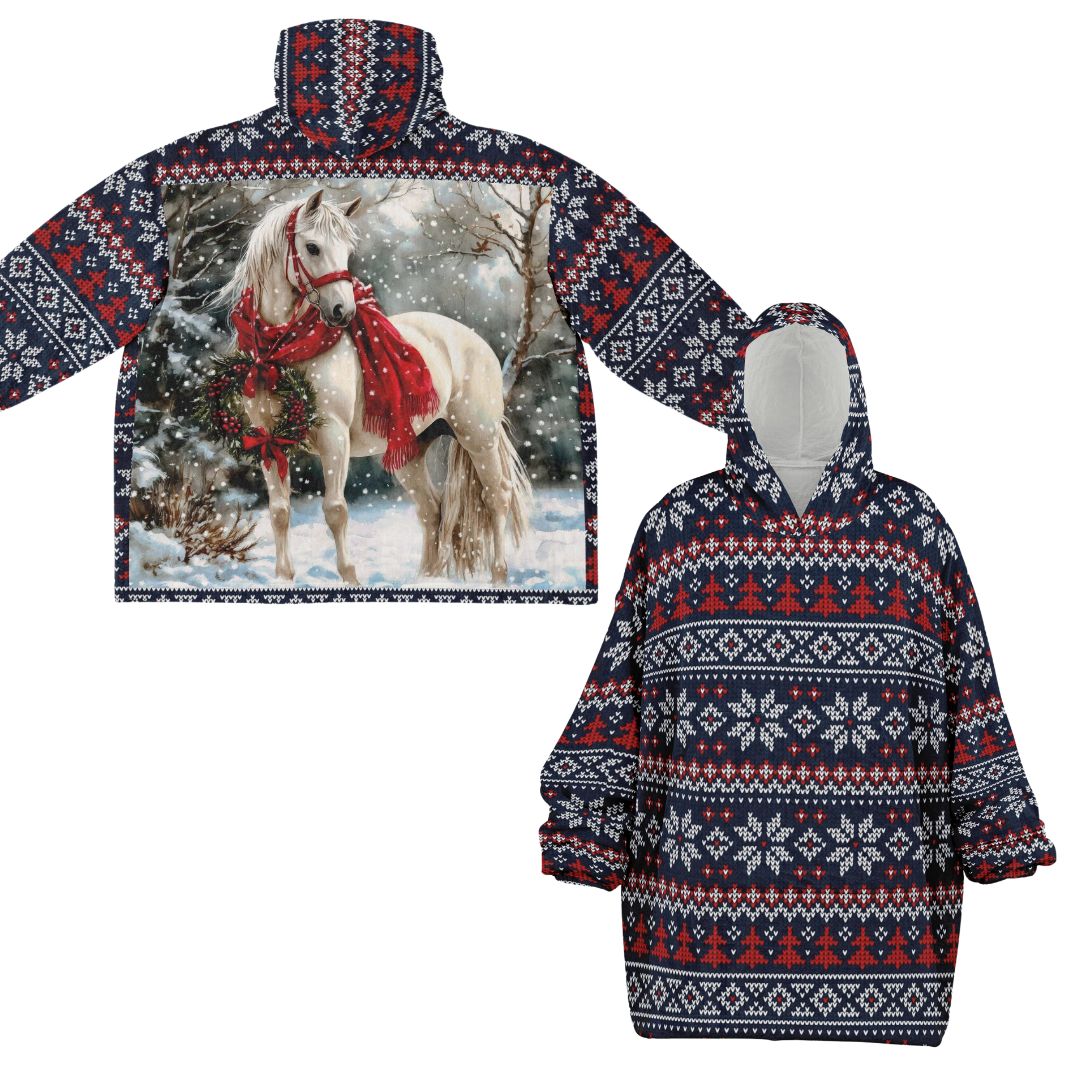 Holiday Christmas White Horse Blue Oversize Hooded Blanket Fun SnuggleFit