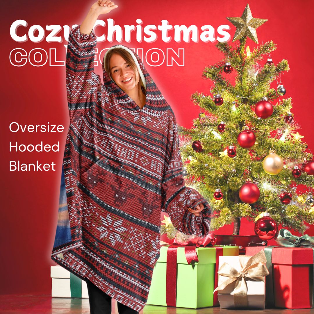 Red Christmas Santa Reindeer Oversize Hooded Blanket Fun SnuggleFit