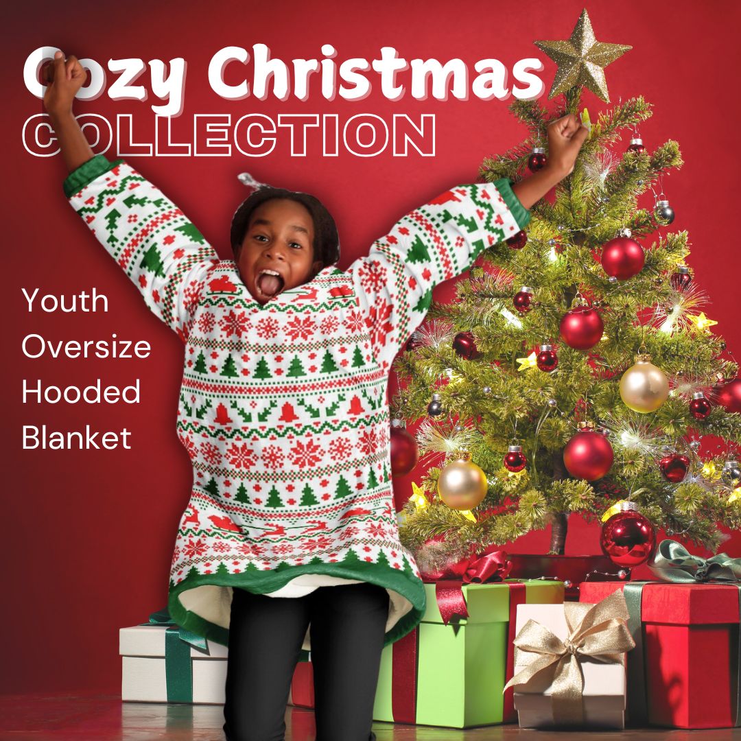 Youth Festive Christmas Santa Sleigh Family Fun Oversize Hooded Blanket