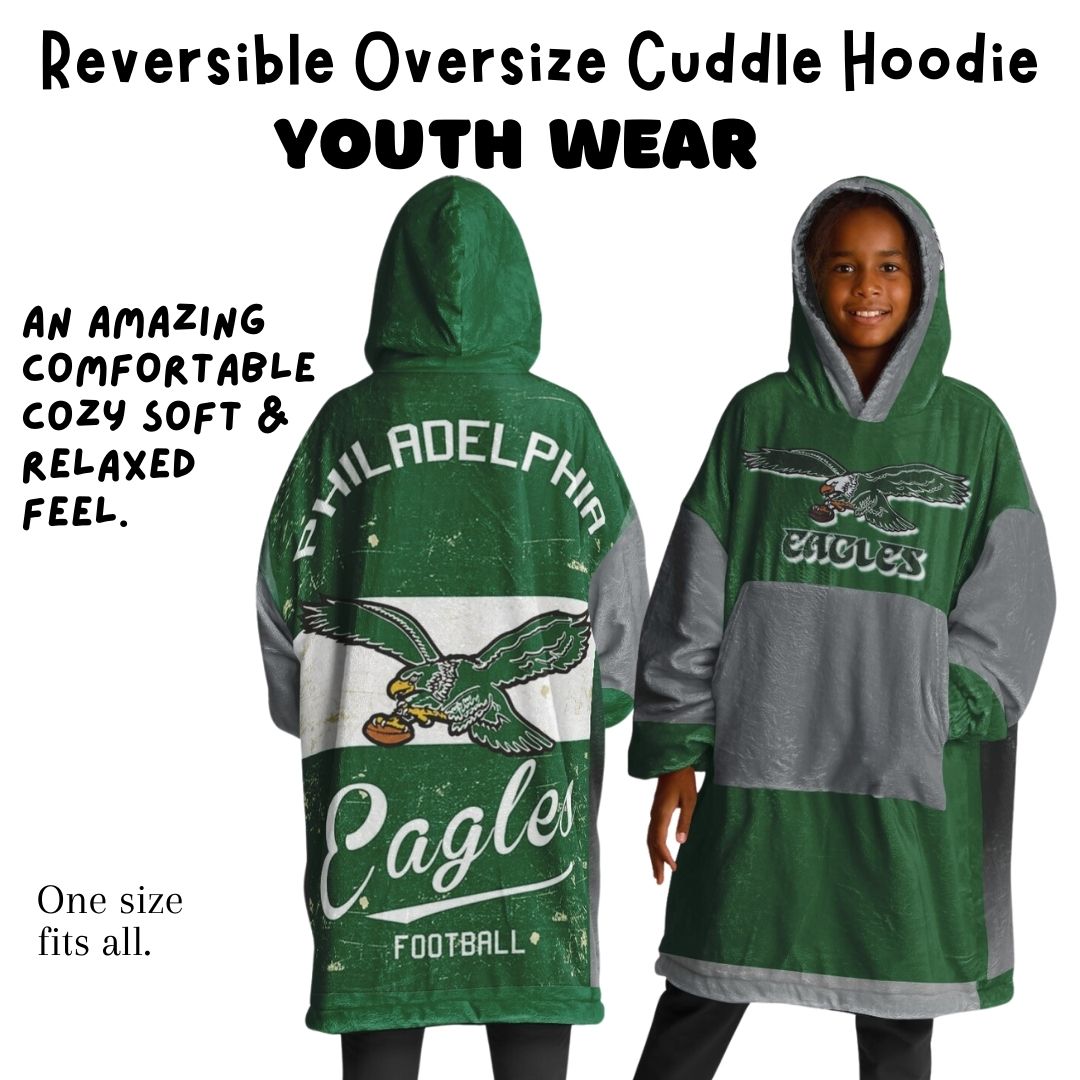 Youth  Eagles Reversible Cozy Cuddle Hoodie Eagles, 2 in 1, Green & Retro Kelly Green Hooded Blanket for Young Fans copy