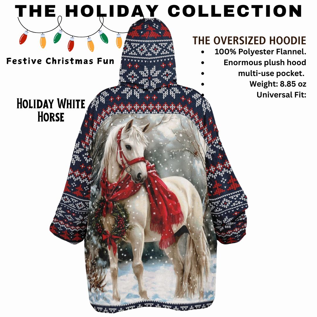 Holiday Christmas White Horse Blue Oversize Hooded Blanket Fun SnuggleFit