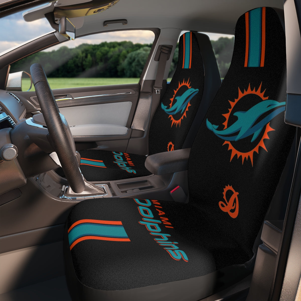 Miami football Car Seat Covers,  Dolphins Truck Seat Protector Dolphins Gift for Fans Black with Aqua & Orange Stripes Seat Covers