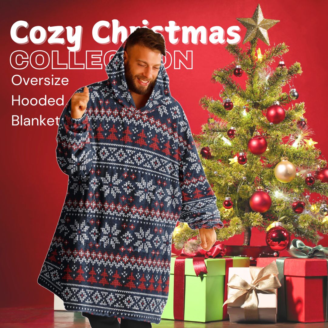 Holiday Christmas White Horse Blue Oversize Hooded Blanket Fun SnuggleFit