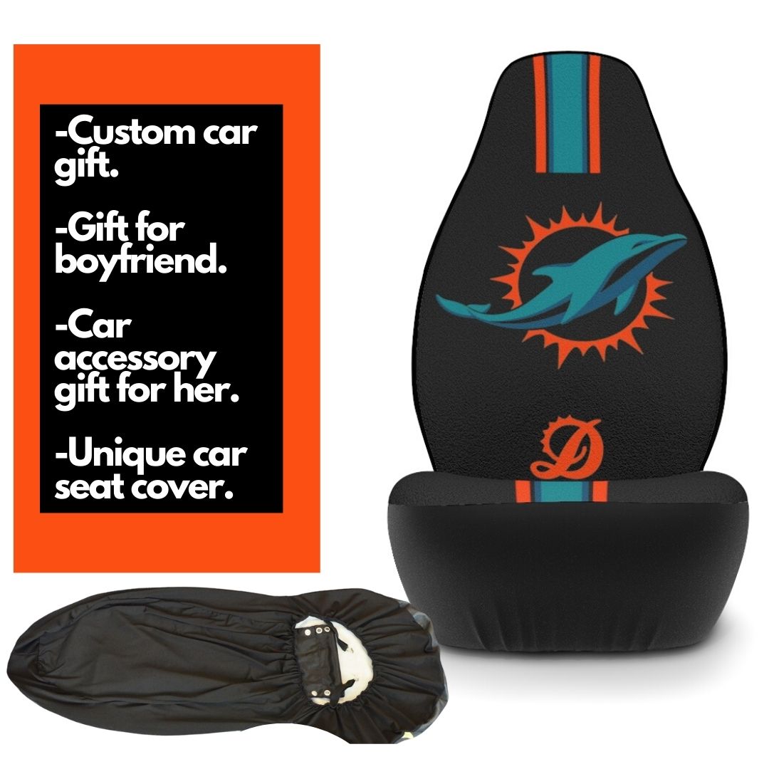 Miami football Car Seat Covers,  Dolphins Truck Seat Protector Dolphins Gift for Fans Black with Aqua & Orange Stripes Seat Covers