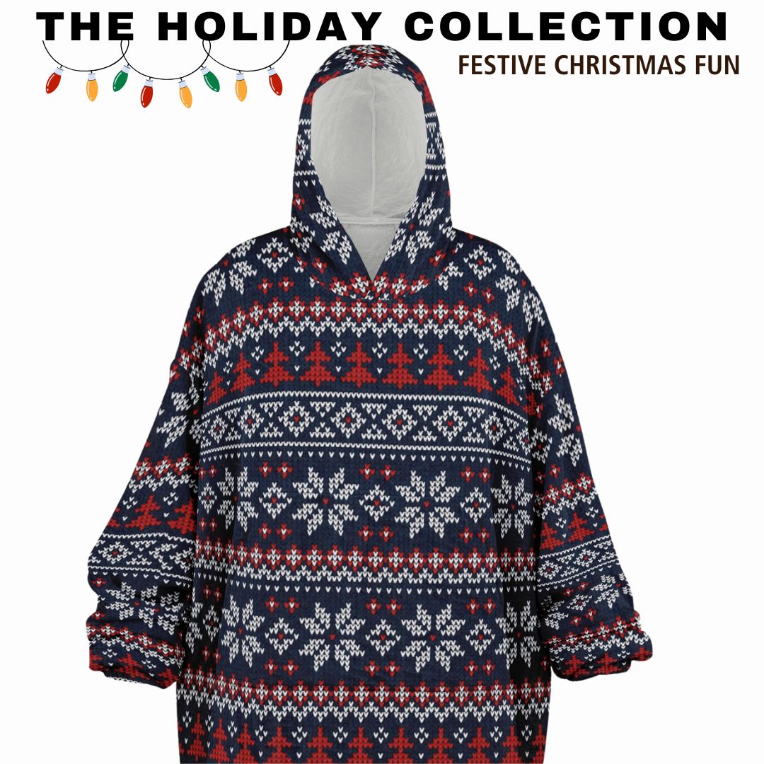 Holiday Christmas White Horse Blue Oversize Hooded Blanket Fun SnuggleFit