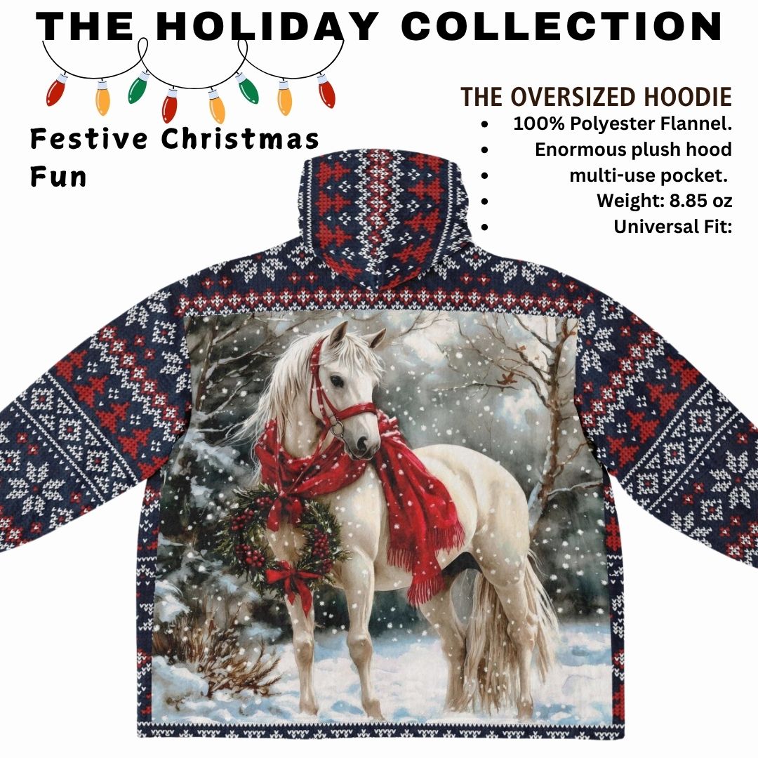Holiday Christmas White Horse Blue Oversize Hooded Blanket Fun SnuggleFit