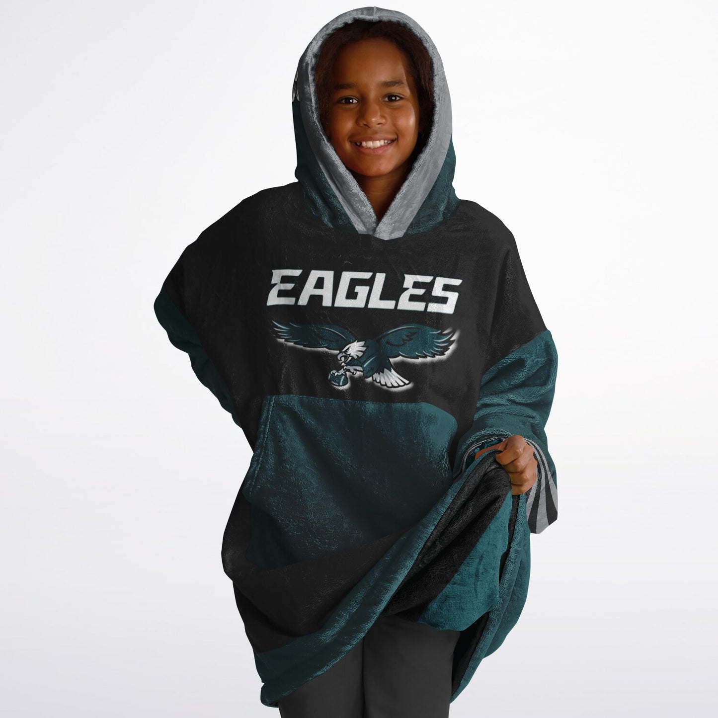 Youth  Eagles Reversible Cozy Cuddle Hoodie Eagles, 2 in 1, Green & Black Hooded Blanket for Young Fans