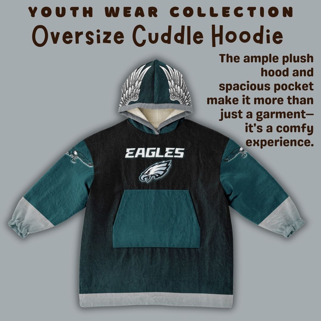 Youth Eagles  Black & Green Sleeves Design Cuddle Hoodie Great Gift for Young Birds Fans