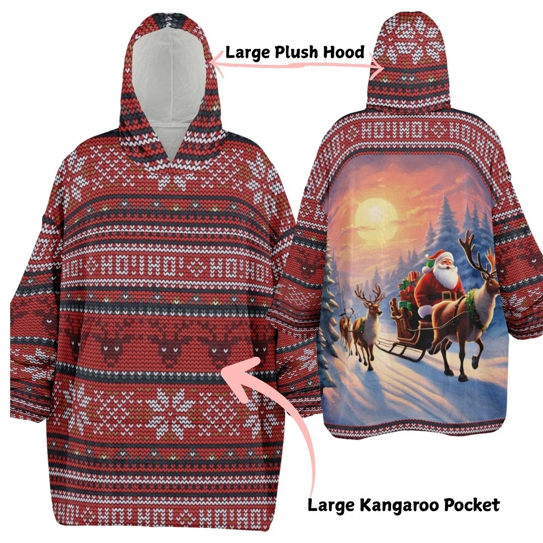 Red Christmas Santa Reindeer Oversize Hooded Blanket Fun SnuggleFit