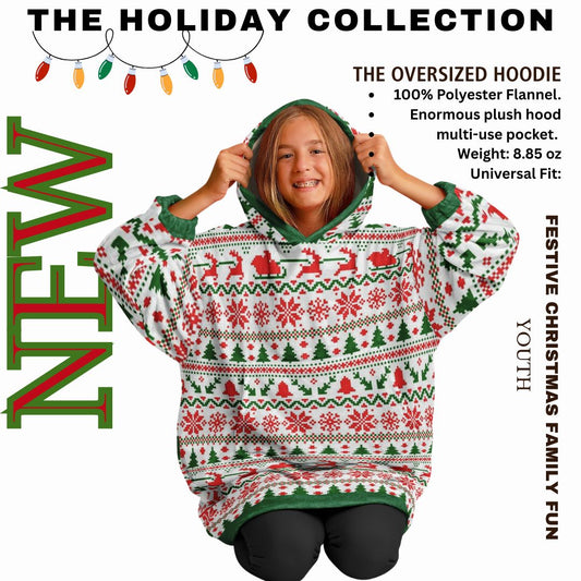 Youth Festive Christmas Santa Sleigh Family Fun Oversize Hooded Blanket