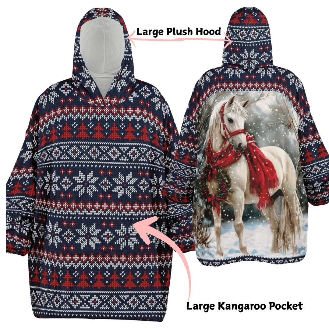 Holiday Christmas White Horse Blue Oversize Hooded Blanket Fun SnuggleFit