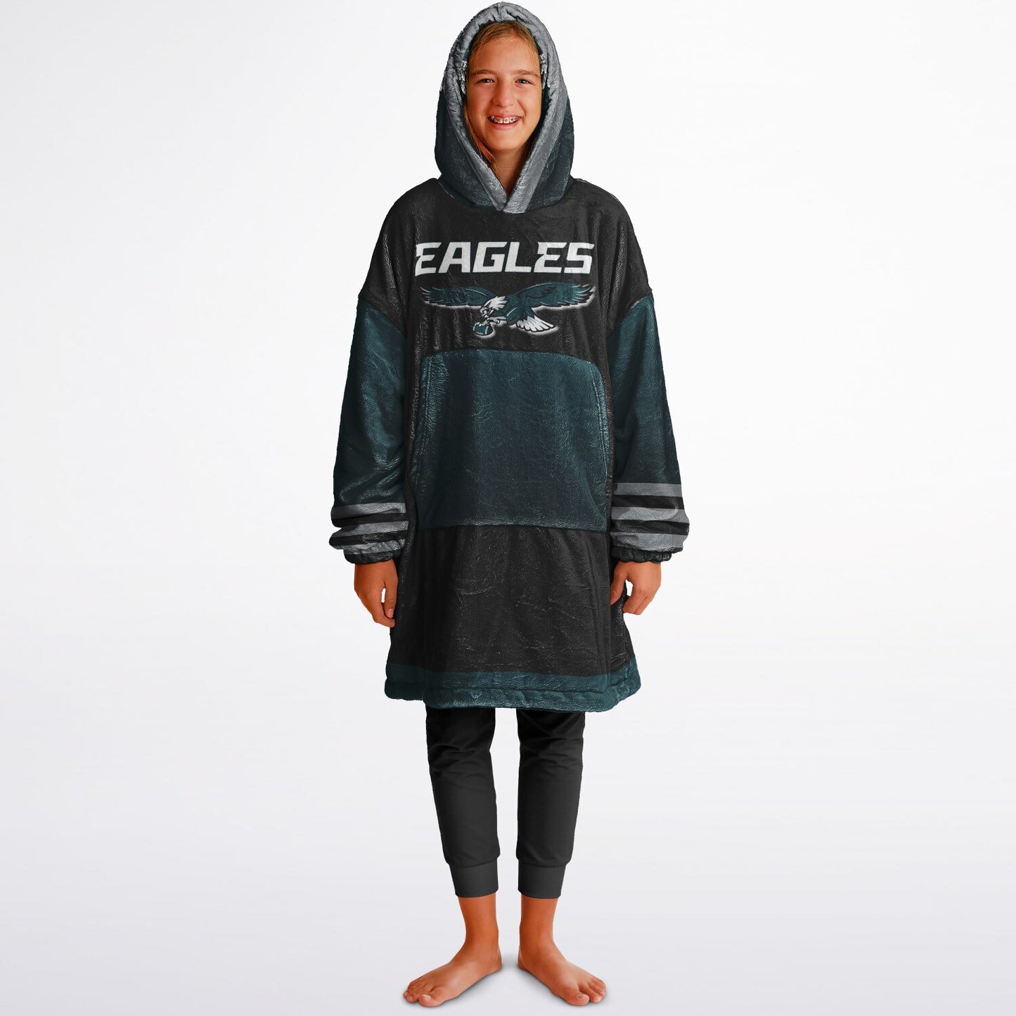 Youth  Eagles Reversible Cozy Cuddle Hoodie Eagles, 2 in 1, Green & Black Hooded Blanket for Young Fans