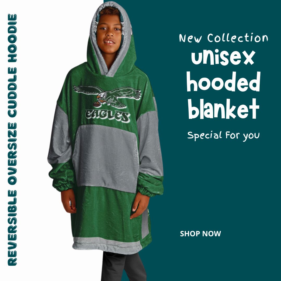 Youth  Eagles Reversible Cozy Cuddle Hoodie Eagles, 2 in 1, Green & Retro Kelly Green Hooded Blanket for Young Fans copy