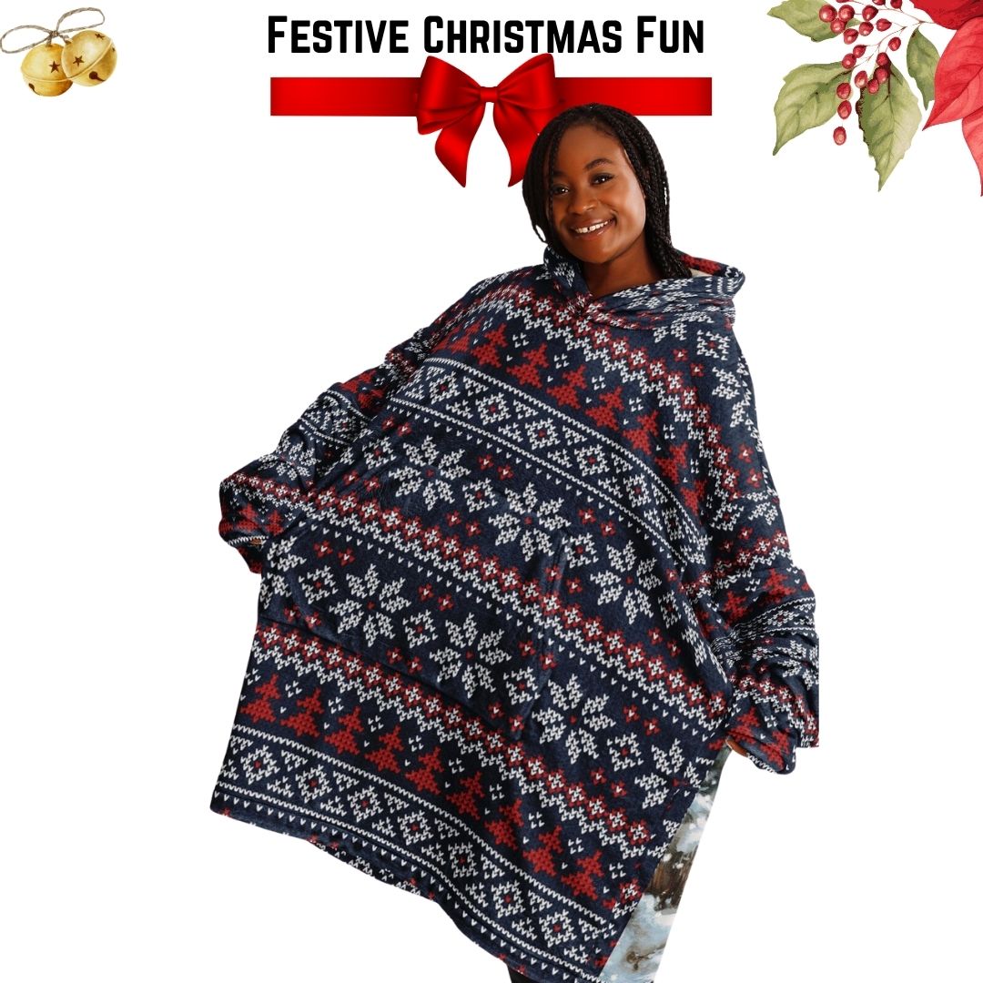 Holiday Christmas White Horse Blue Oversize Hooded Blanket Fun SnuggleFit