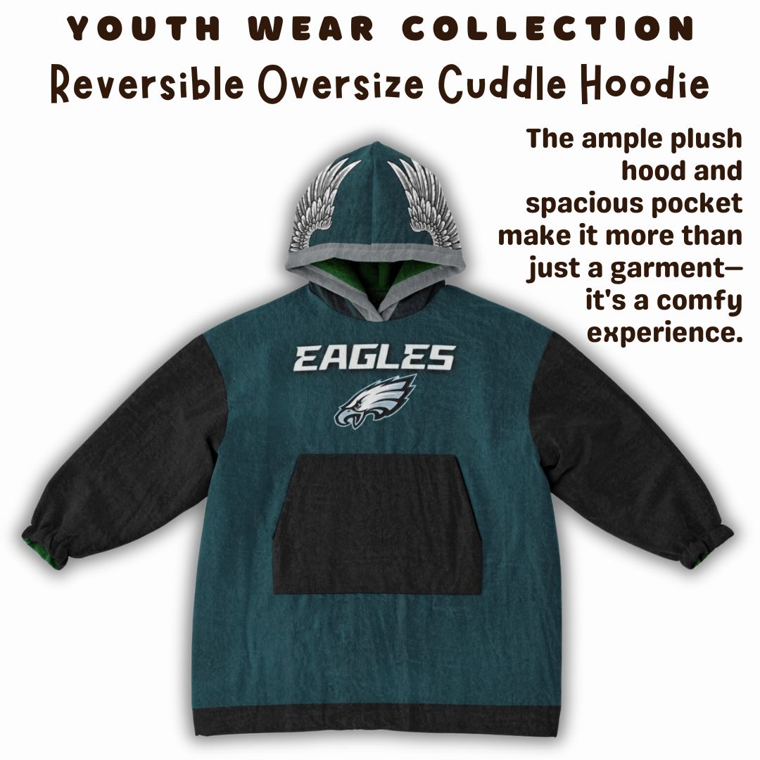 Youth  Eagles Reversible Cozy Cuddle Hoodie Eagles, 2 in 1, Green & Retro Kelly Green Hooded Blanket for Young Fans copy