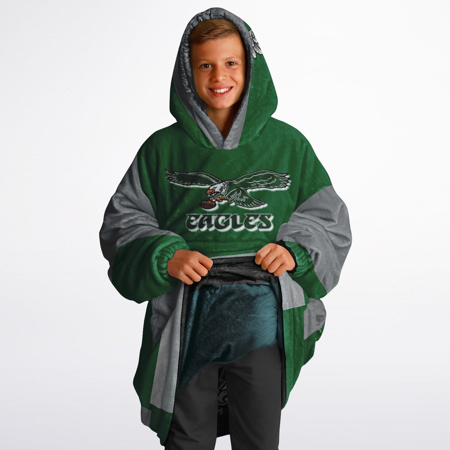 Youth  Eagles Reversible Cozy Cuddle Hoodie Eagles, 2 in 1, Green & Retro Kelly Green Hooded Blanket for Young Fans copy