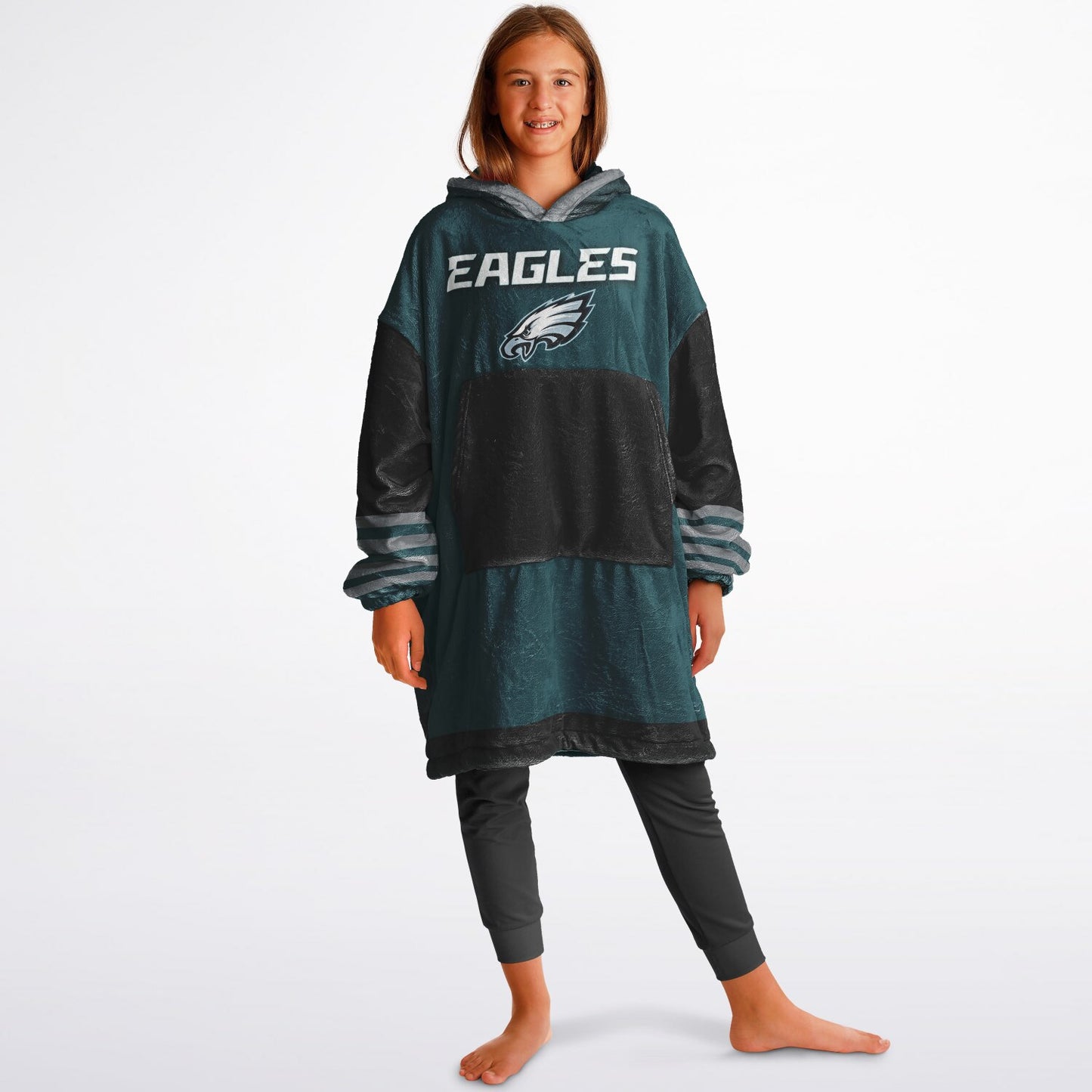 Youth  Eagles Reversible Cozy Cuddle Hoodie Eagles, 2 in 1, Green & Black Hooded Blanket for Young Fans